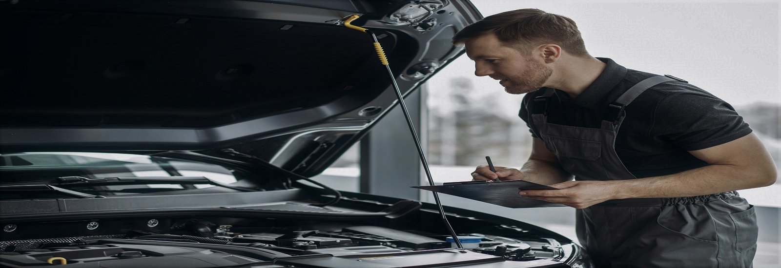 Mechanic carrying out a vehicle inspection in a workshop