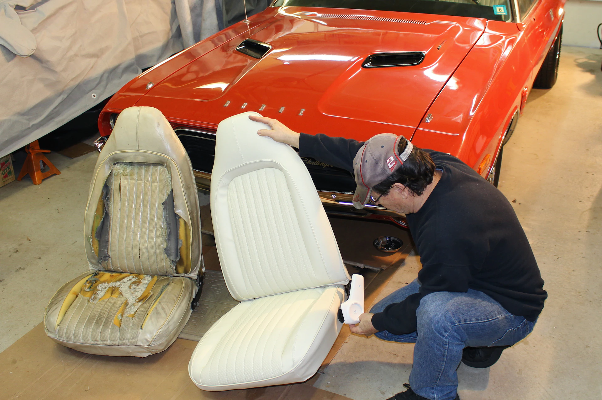 Chevrolet seat upholstery and cushion inspected before repair