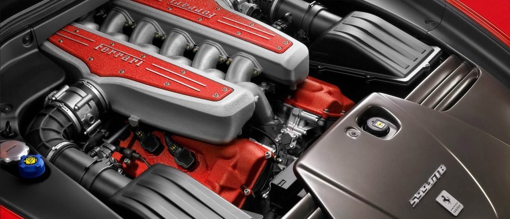 Ferrari 599 GTB engine bay with red intake covers