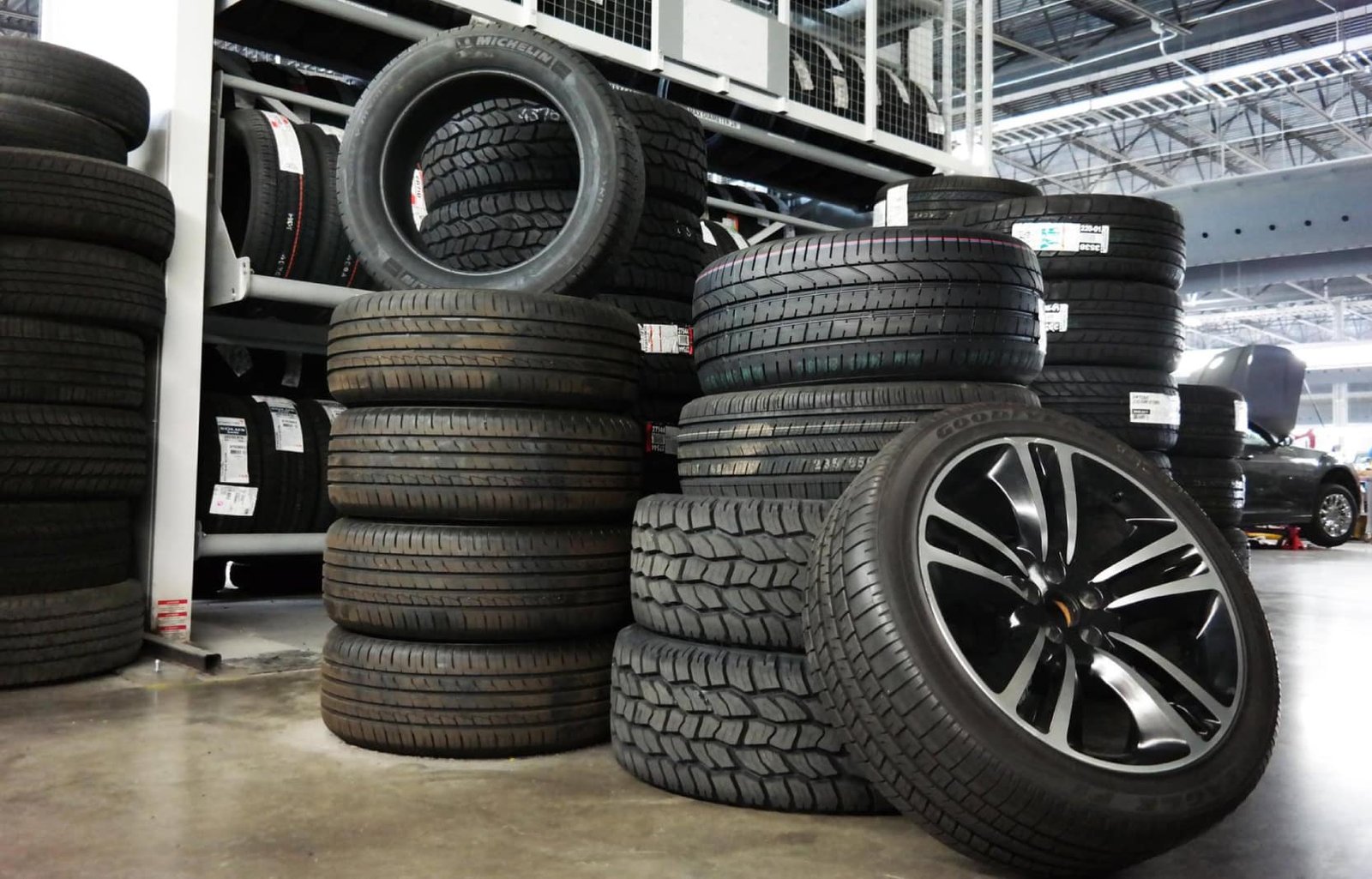 Car tires prepared for pressure and condition checks