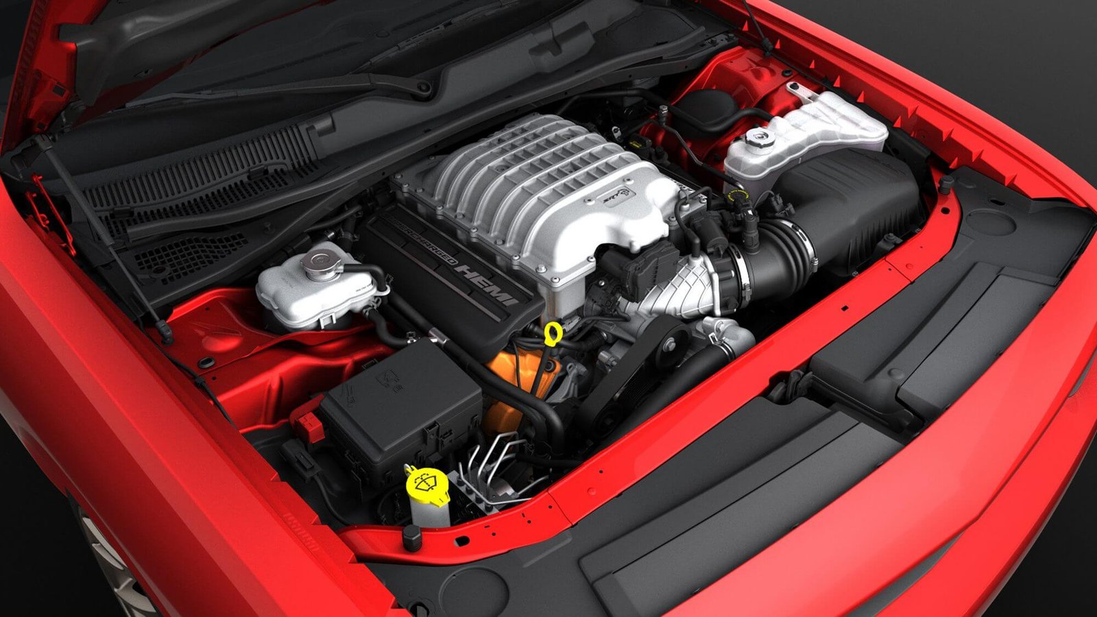 Dodge engine bay prepared for repair and final checks