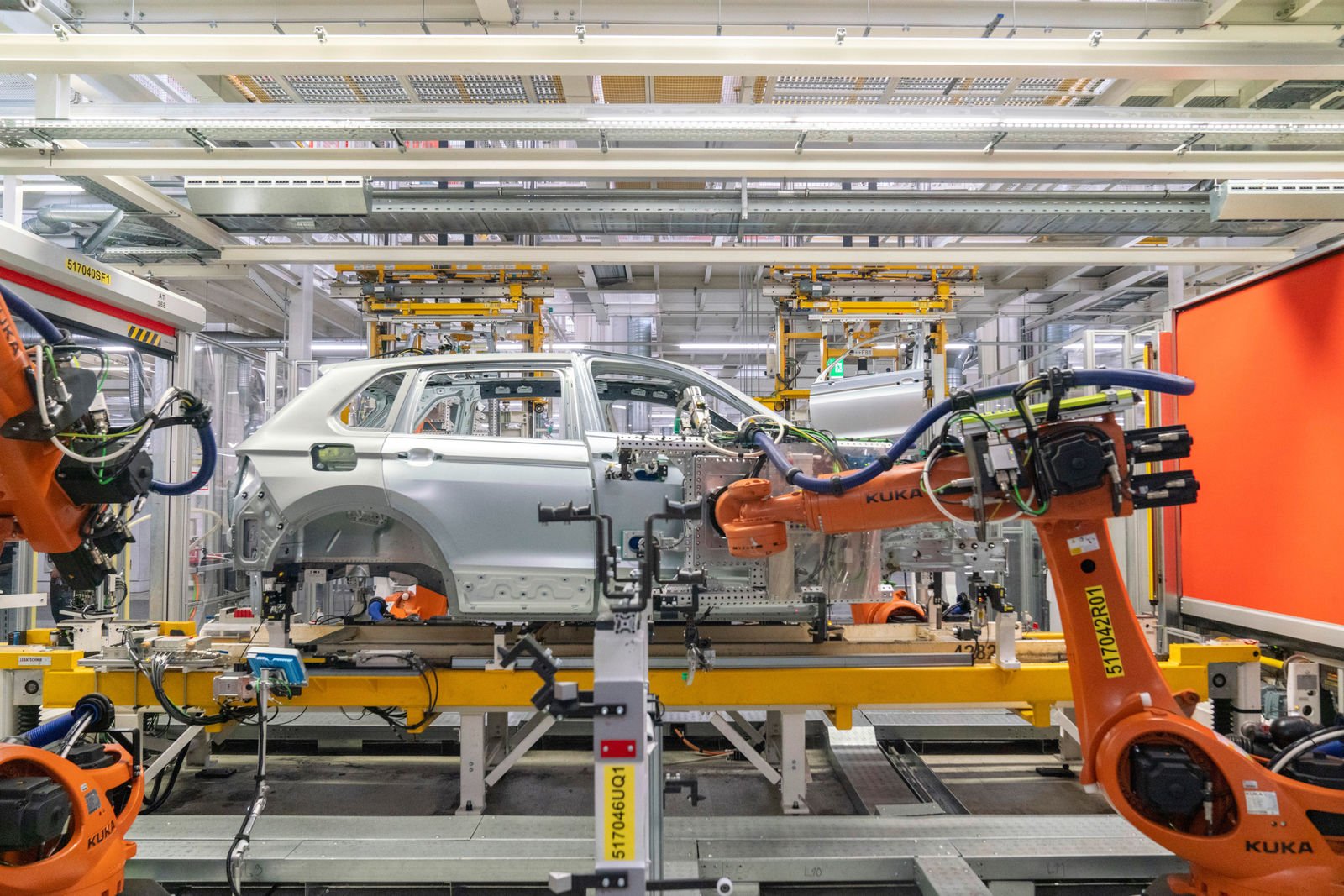 Volkswagen body panel being inspected in a Dubai workshop