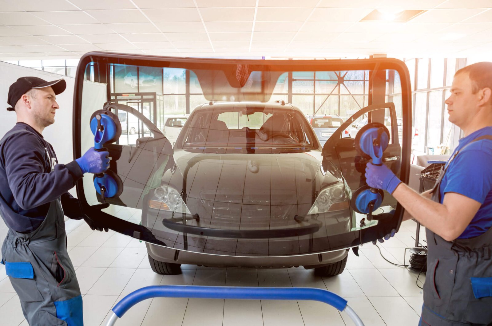 Technician preparing a vehicle for windscreen replacement