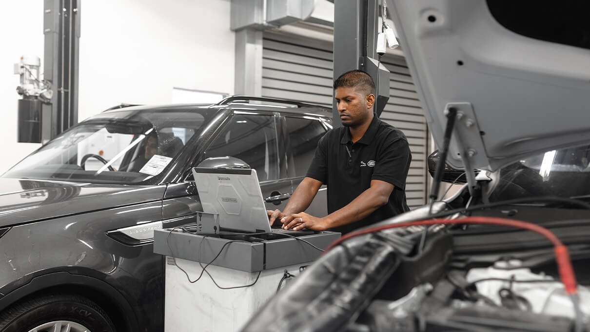 Land Rover brake disc and caliper inspection