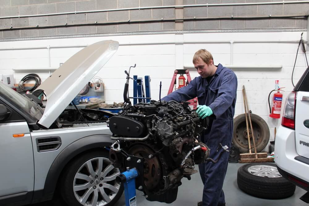 Land Rover engine components prepared for specialist repair