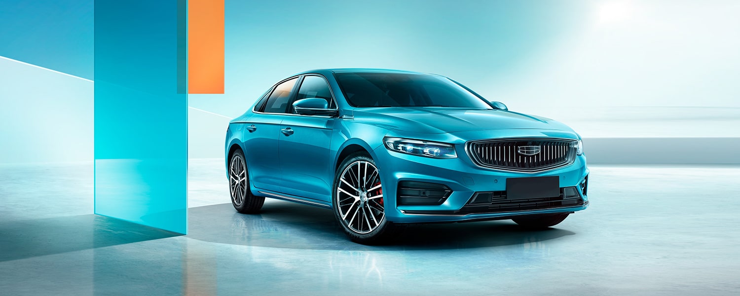 Blue Geely sedan prepared for an independent repair assessment in Dubai