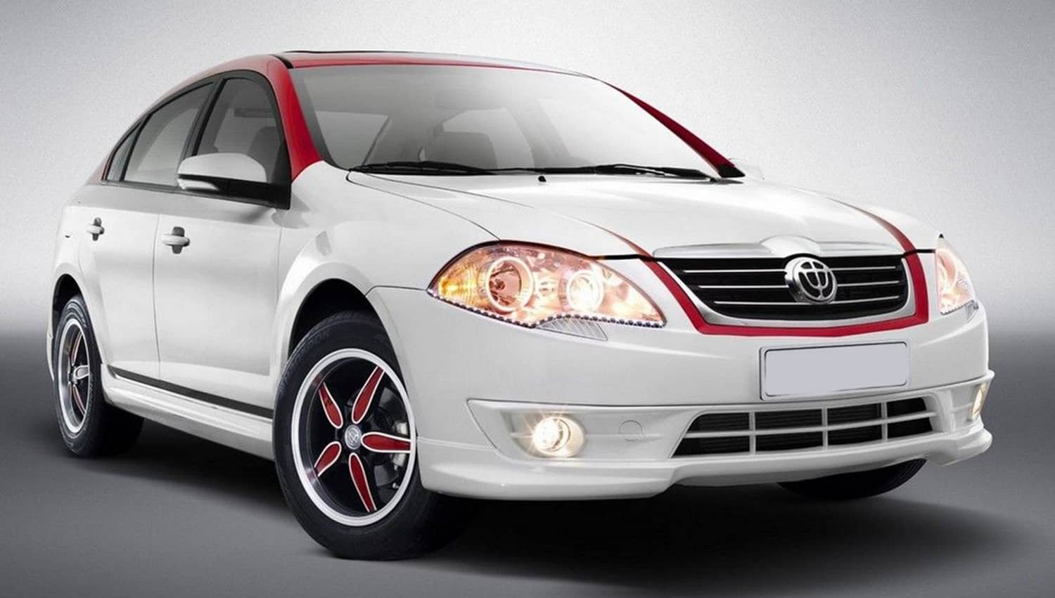 White Brilliance car with red exterior accents