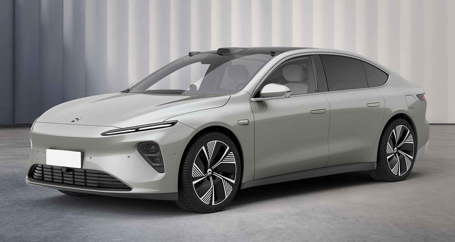 Silver NIO electric car in a studio setting