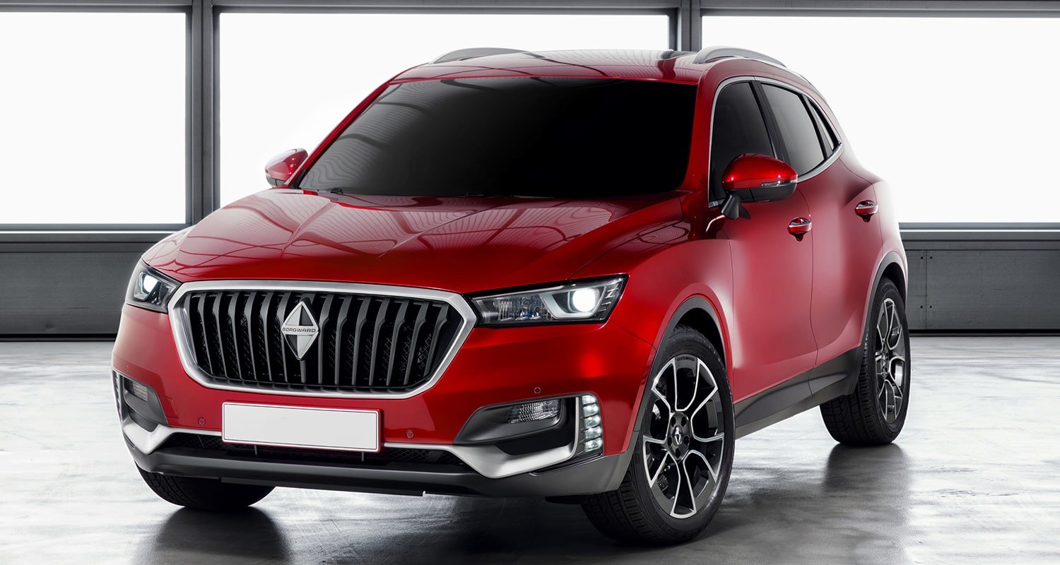 Red Borgward SUV with its front grille and wheels visible