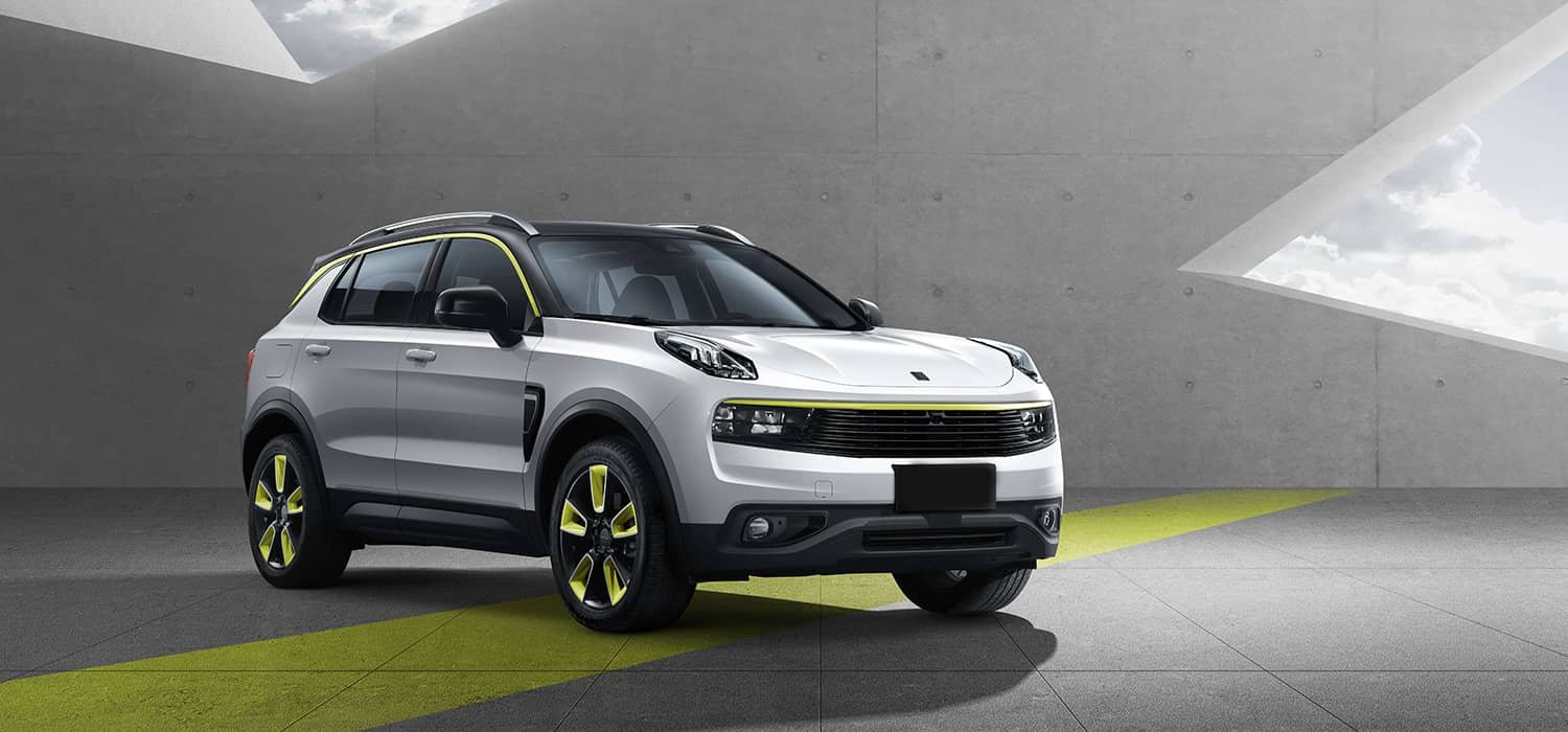 White Lynk and Co SUV with contrasting wheel and body accents