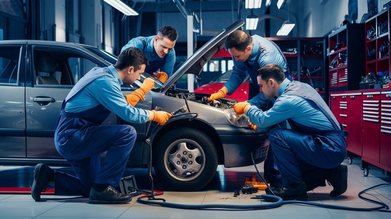 Technician testing vehicle AC pressures and temperature