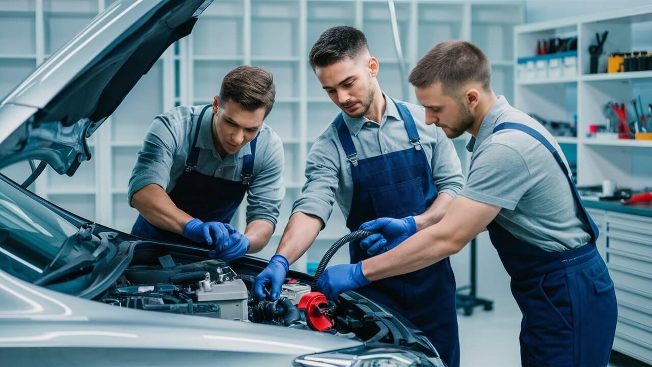 Car AC repair and pressure testing in a Dubai workshop