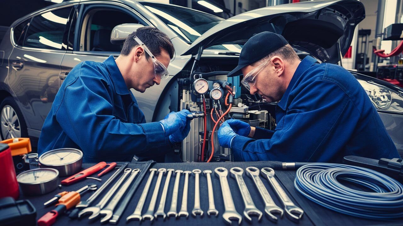 Technician diagnosing a car air conditioning system