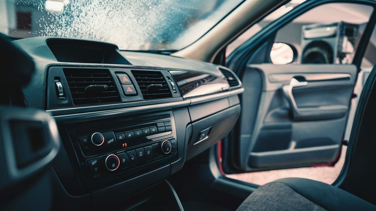 Technician carrying out car AC performance and noise checks