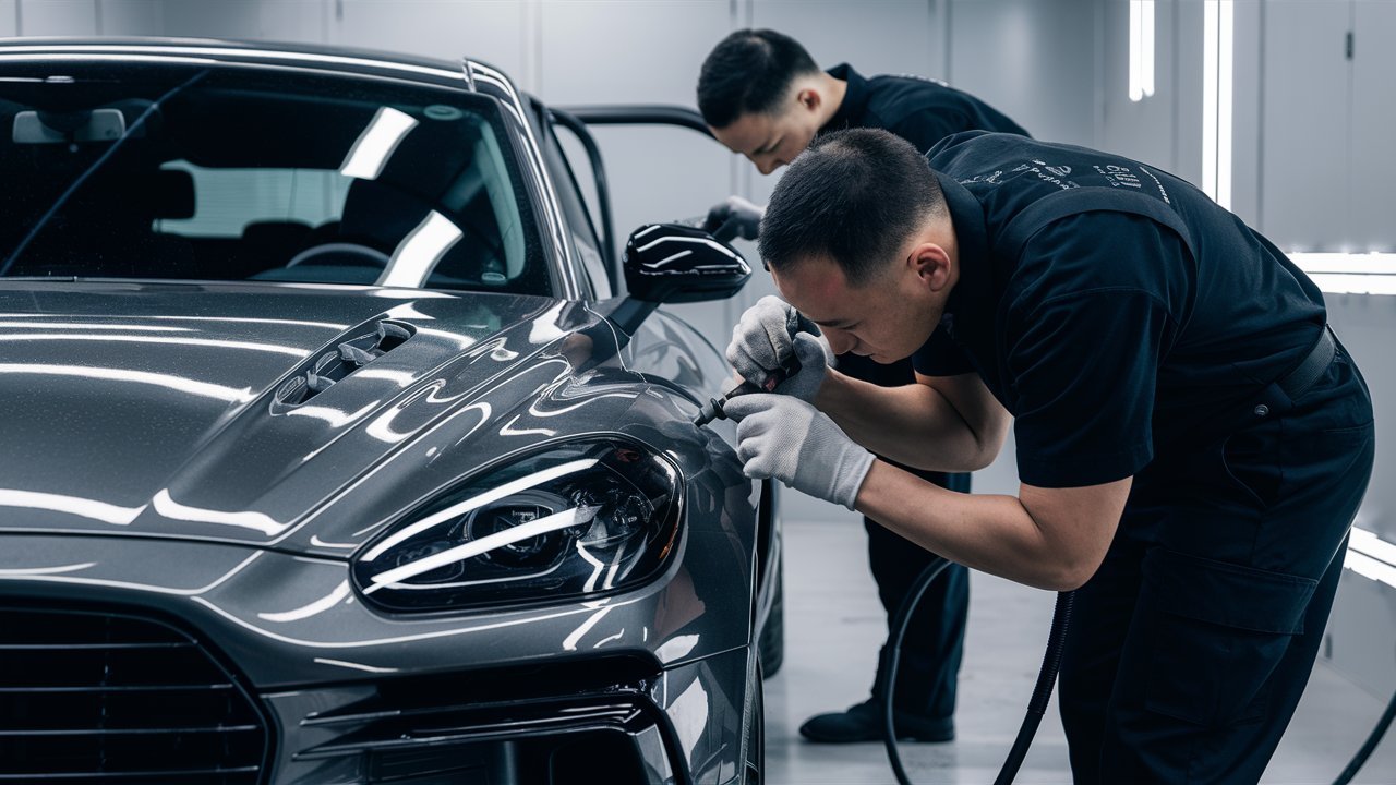 Paintless dent repair technician checking panel reflections