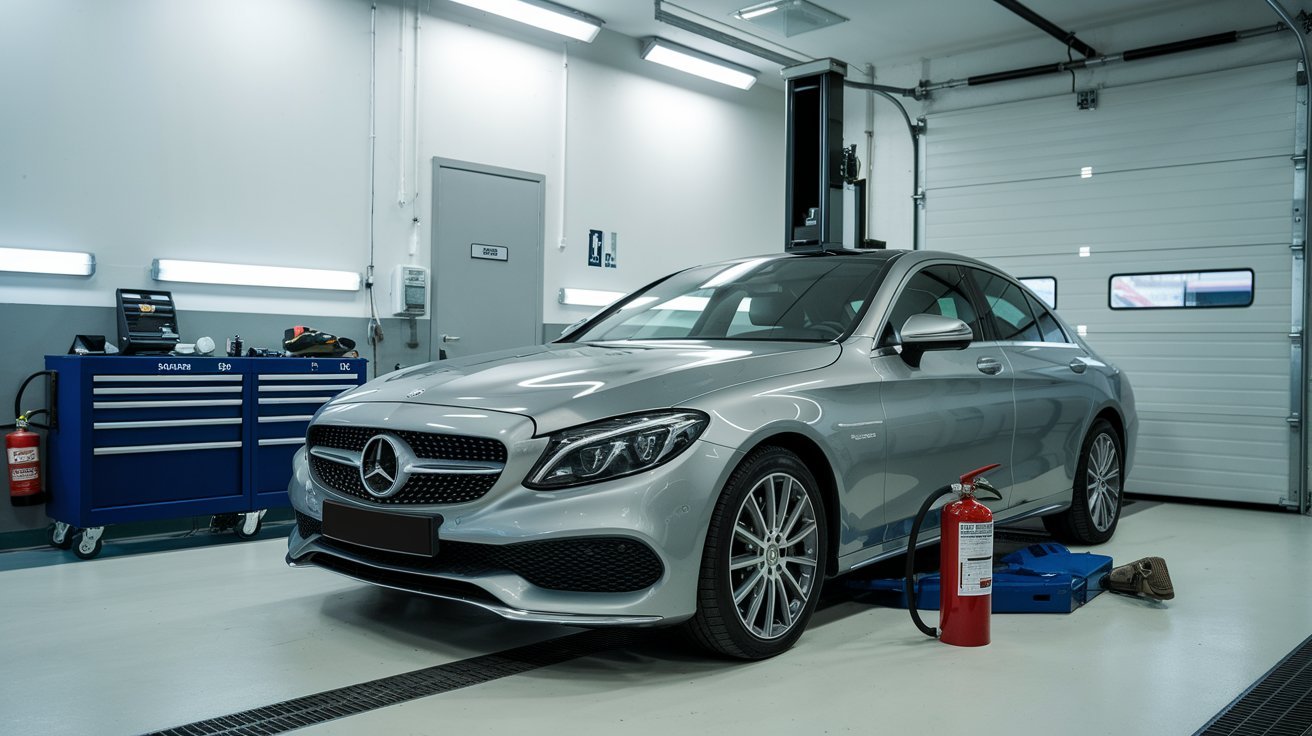 Silver sedan parked inside a garage with tools nearby