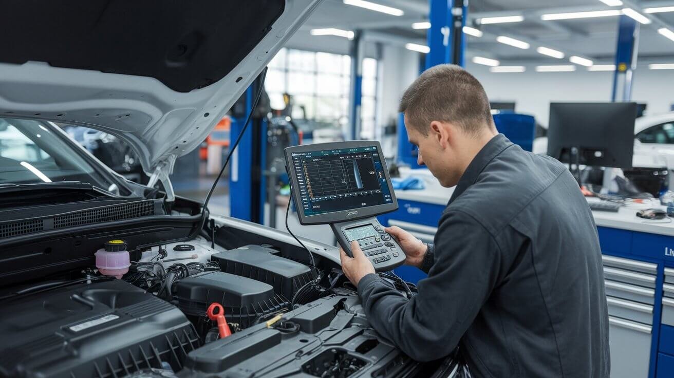 Technician reviewing diagnostic equipment beside an open engine bay