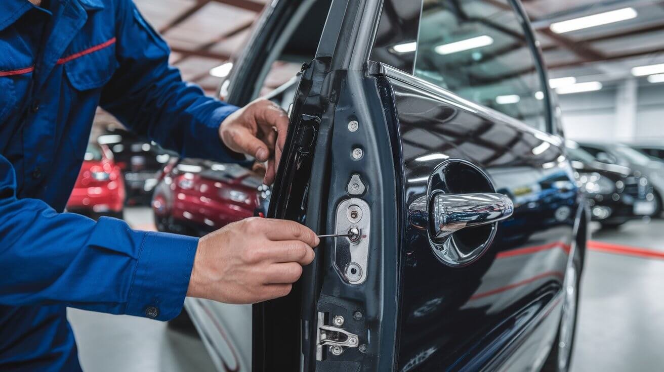 Technician inspecting a car door lock and latch