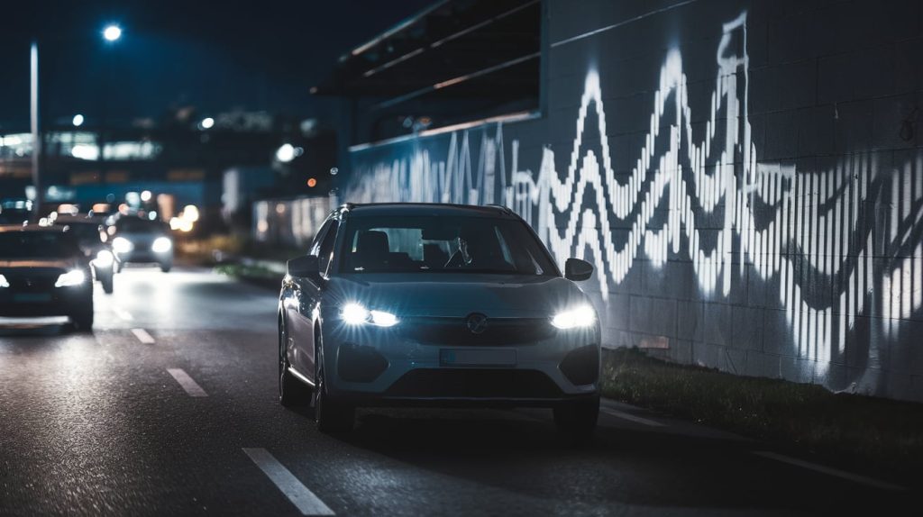 A car with headlights dimming and flickering on the road.