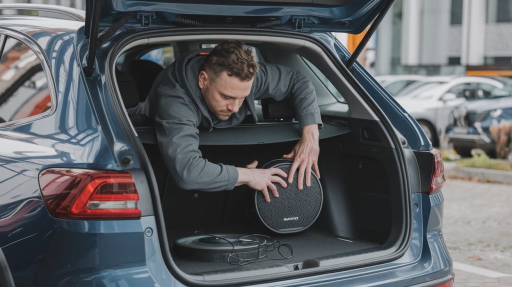 A mechanic performing final checks on a newly installed car sound system.