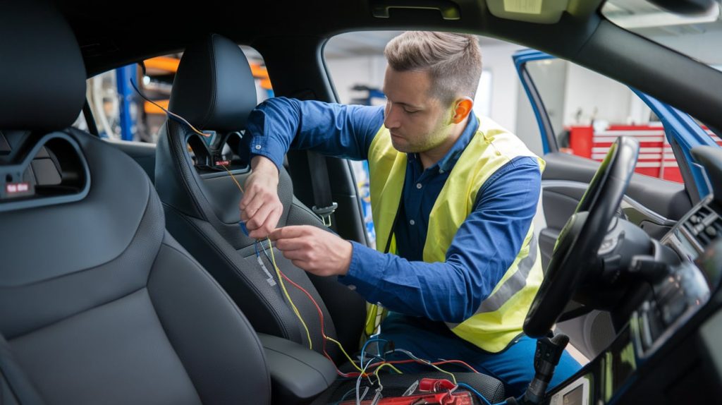 A mechanic attaching a new sound system to a car's interior.