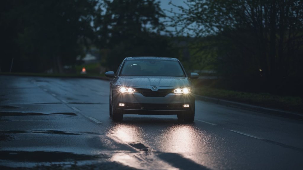 A car with headlights intermittently dimming and brightening on a dark road.
