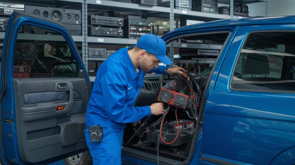 A mechanic working on fitting a sound system into a car dashboard.