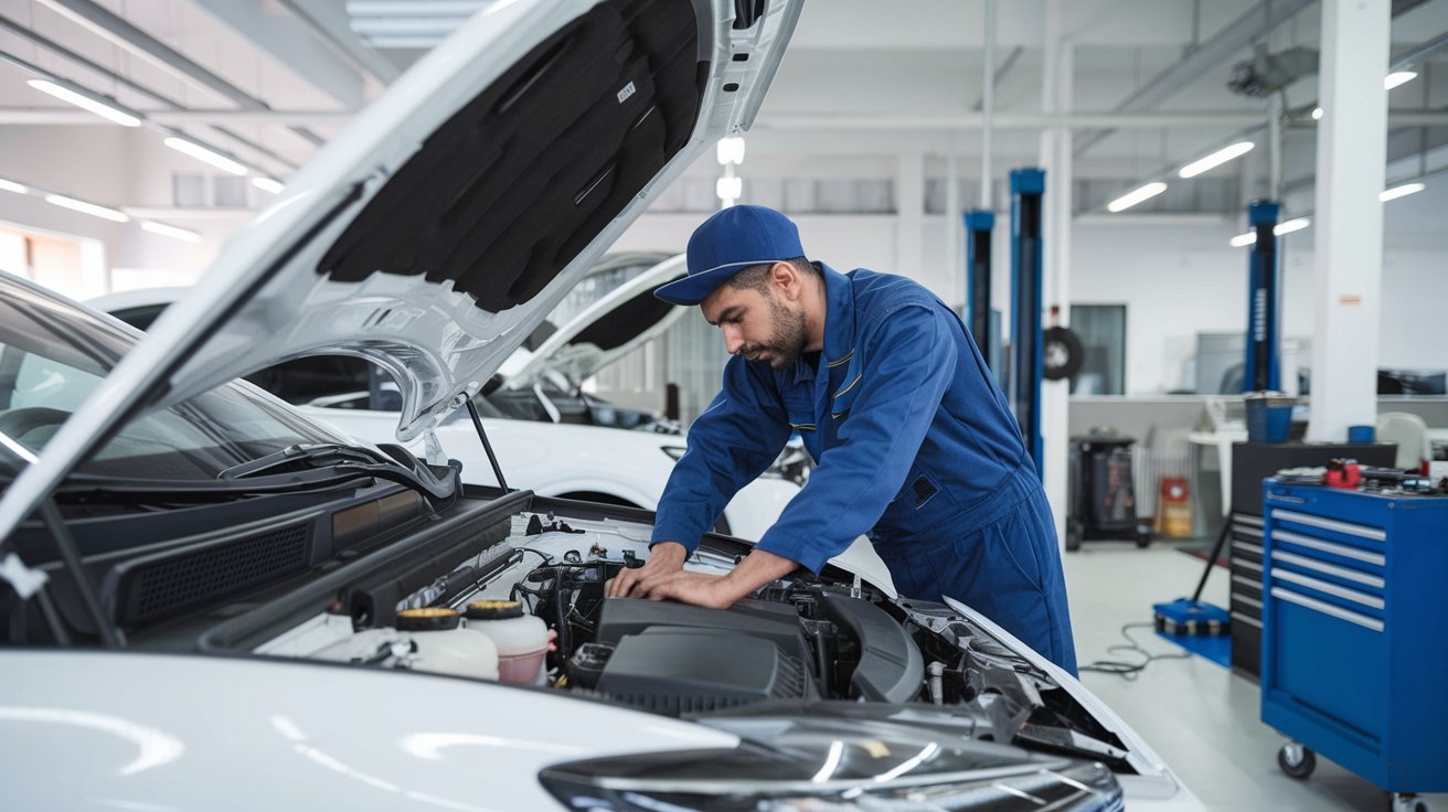 Technician leaning over an open engine bay in a workshop