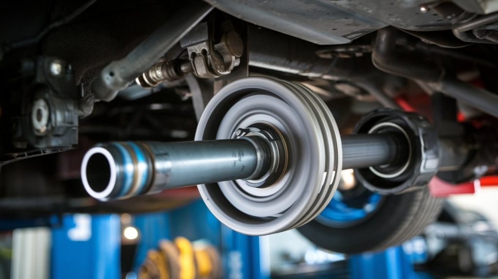 Close-up of the universal joint on a car's drive shaft.