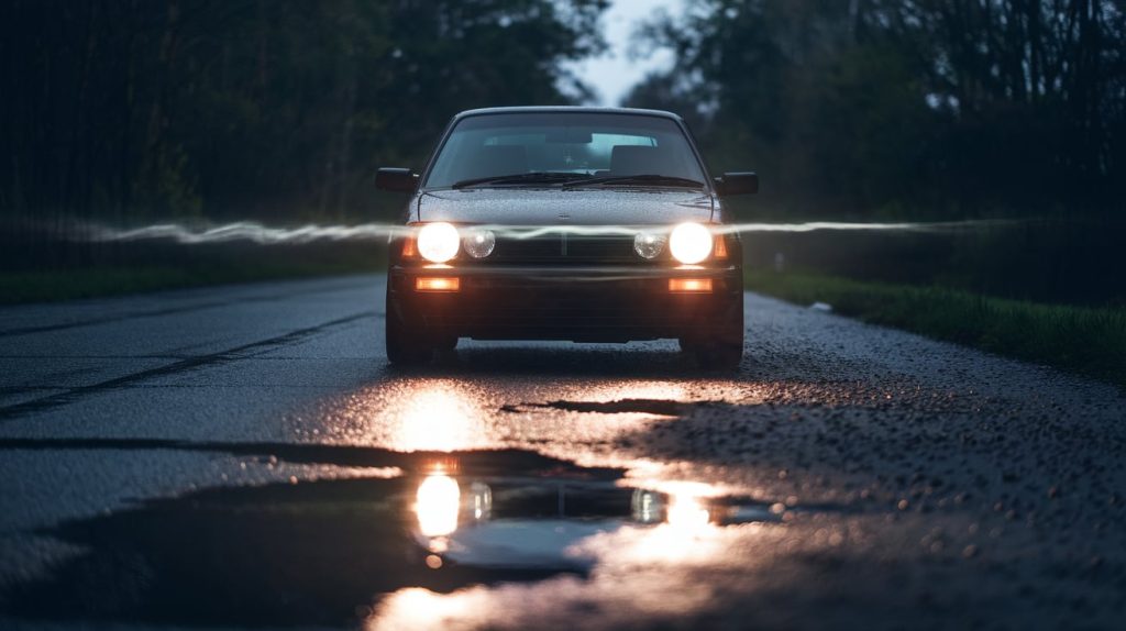A car on a road with its headlights illuminated