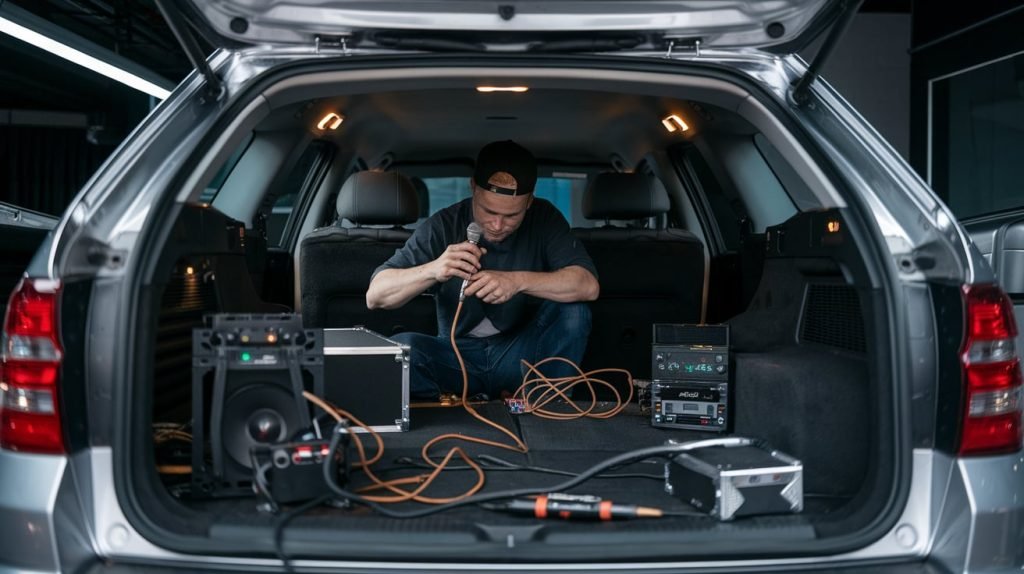 Technician preparing car audio equipment in a vehicle