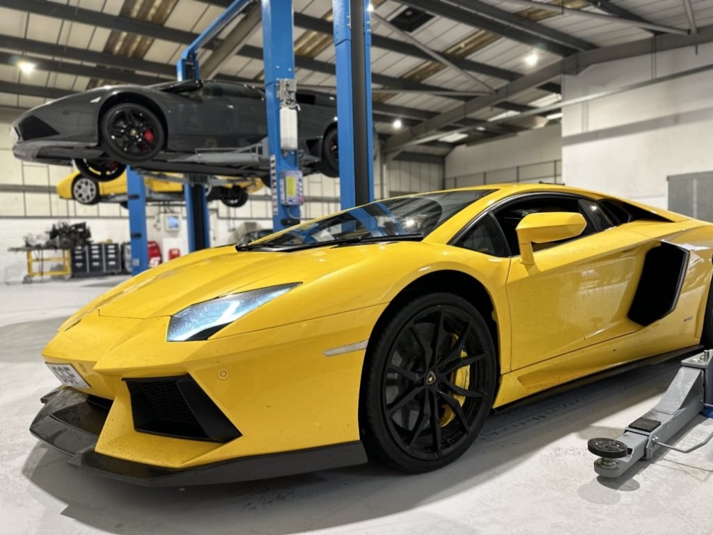 Lamborghini Aventador prepared for maintenance inspection