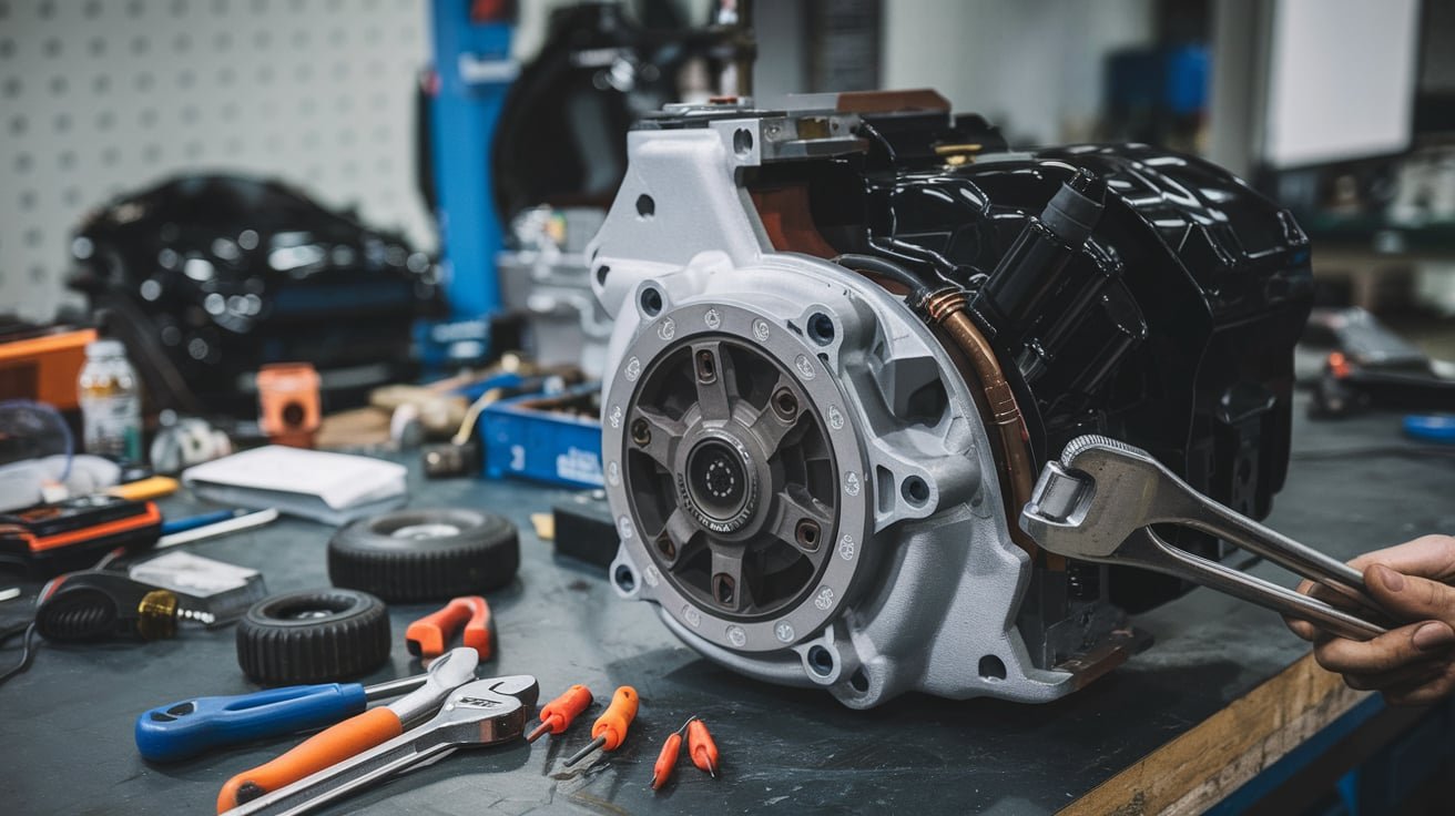 Replacement starter motor being checked before installation