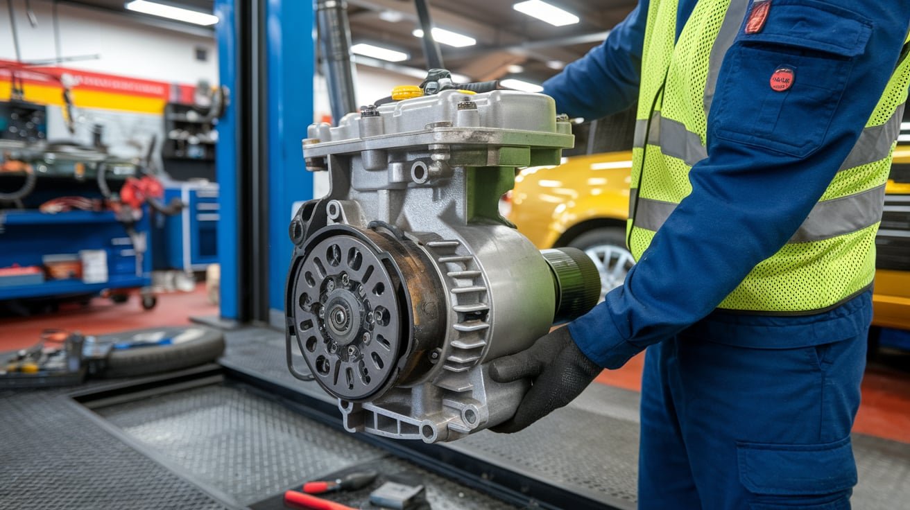 Technician checking starter access and electrical connections