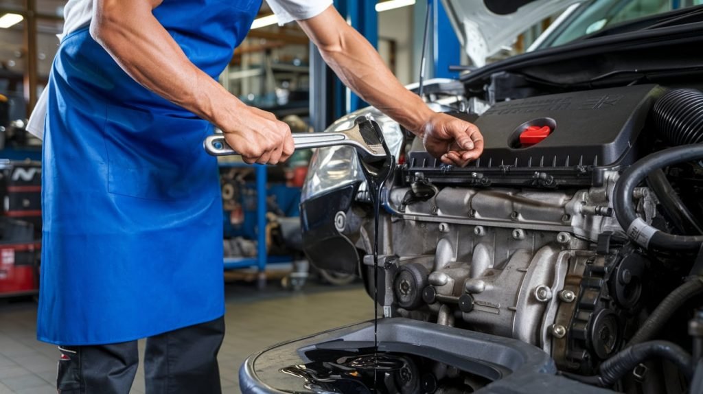 Technician preparing an engine oil change at a Dubai workshop