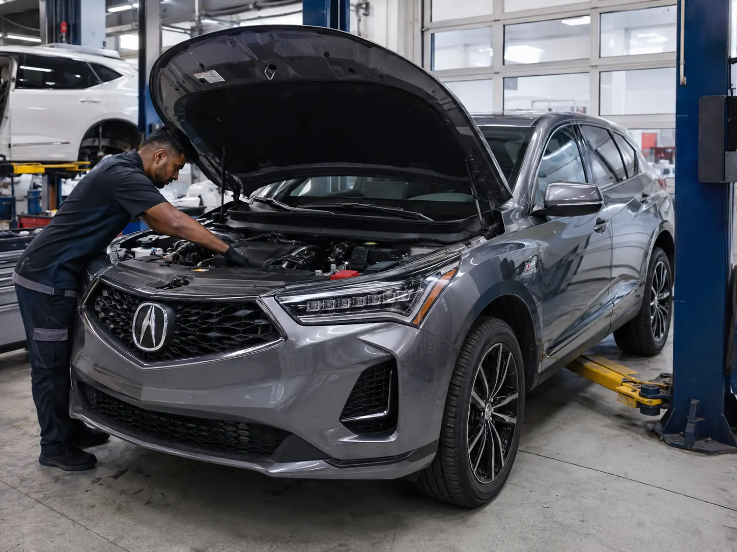 Acura RDX engine bay in a workshop setting