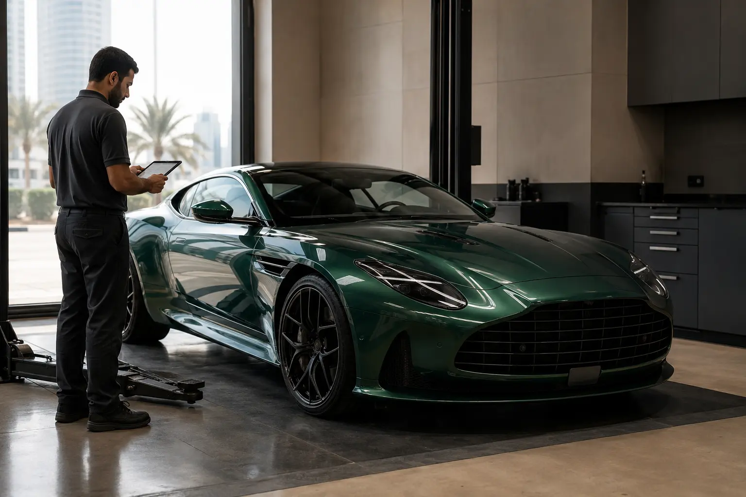 Aston Martin DB12 receiving documented workshop intake in Dubai