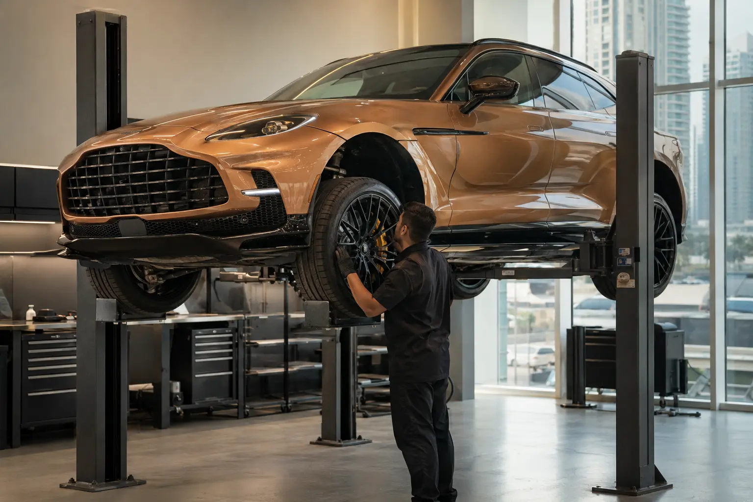 Aston Martin DBX707 undergoing wheel and suspension inspection