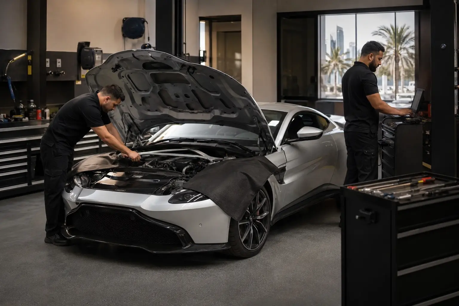 Aston Martin Vantage undergoing protected engine diagnostics