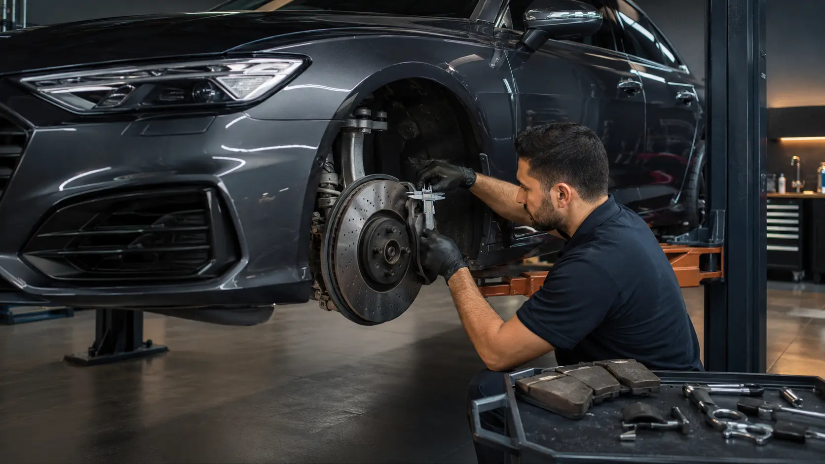 Audi brake inspection and measurement in a Dubai workshop