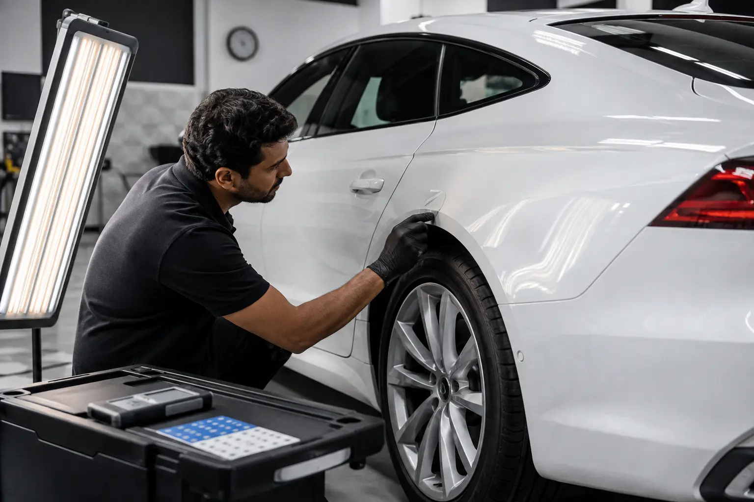 Audi fastback wheel arch crease inspected under linear lighting
