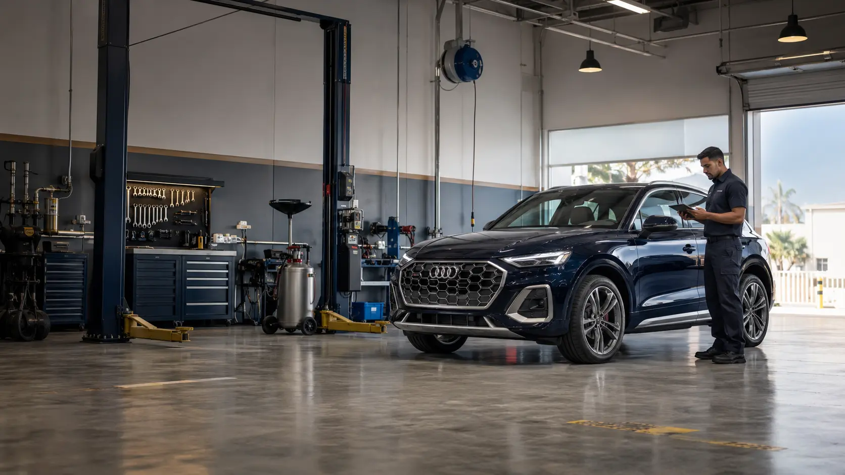 Current Audi Q5 at an oil service intake inside a Dubai workshop