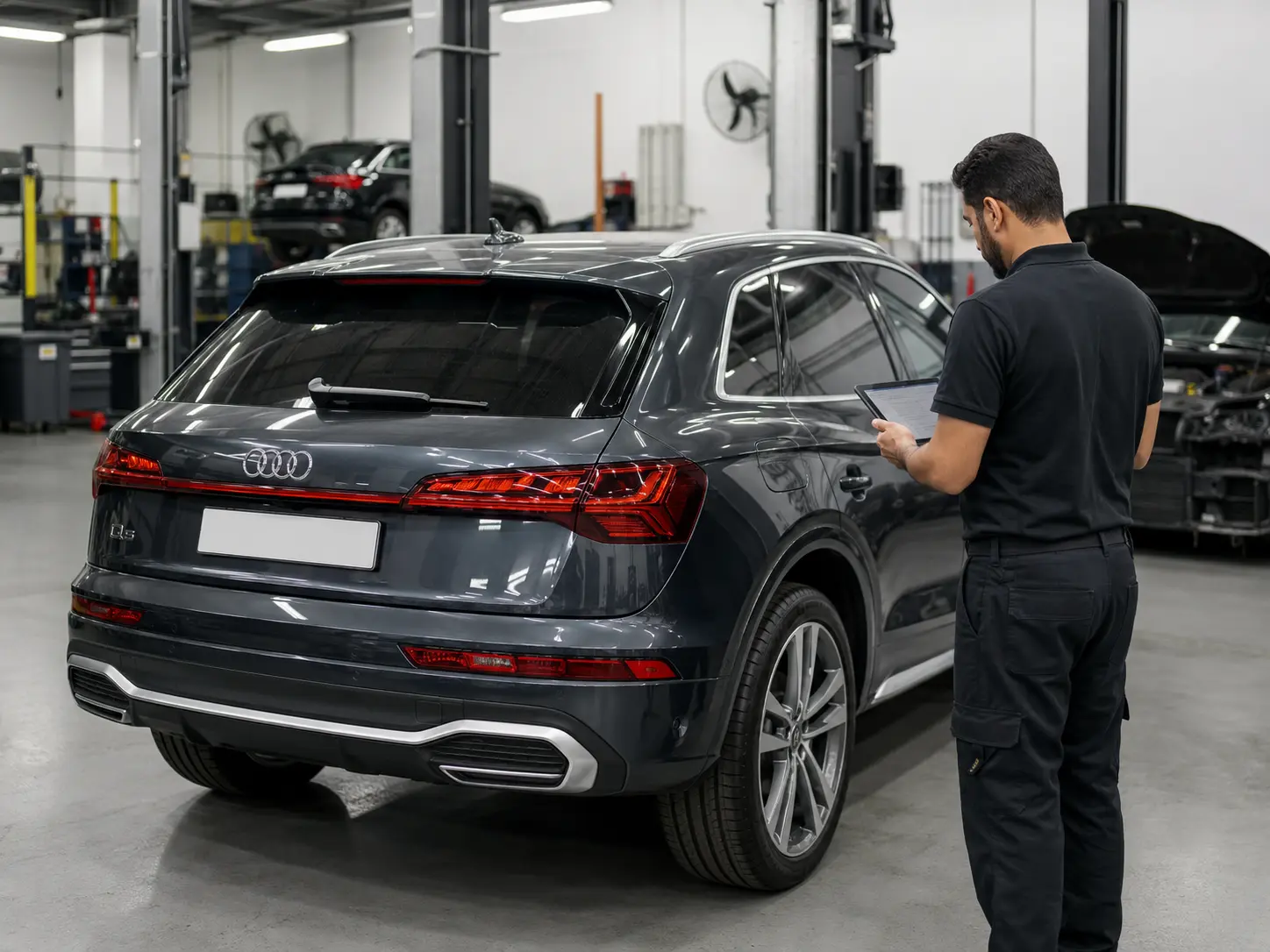 Technician verifying service information on a current Audi Q5 after an oil change