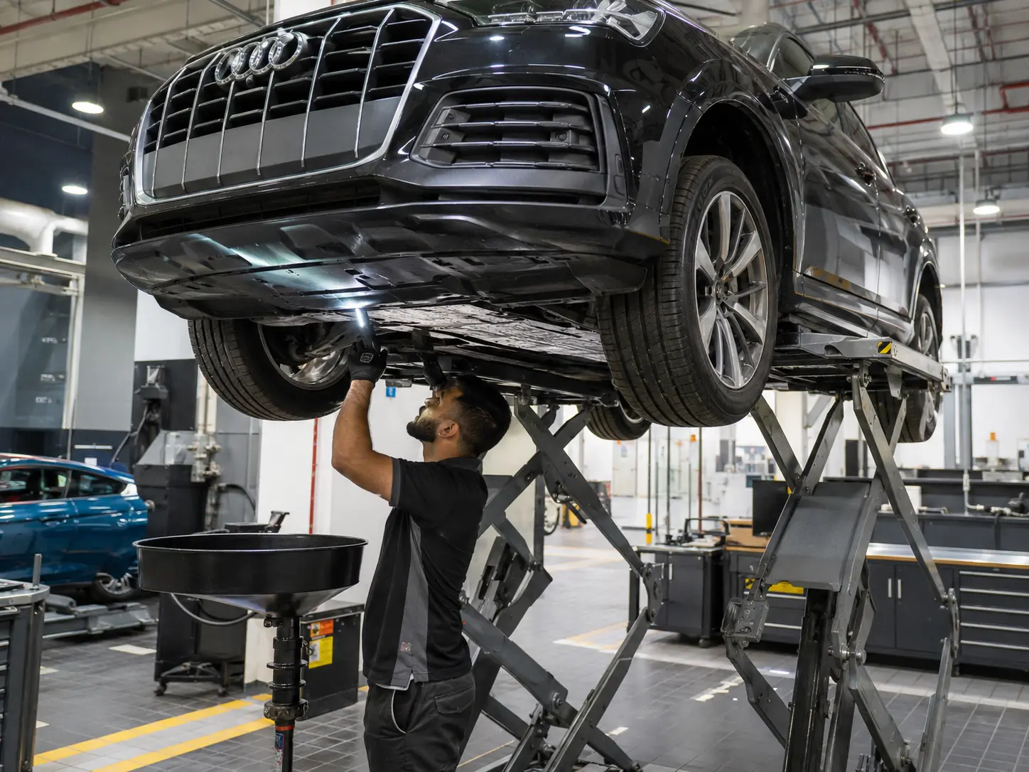 Current Audi Q7 raised for an underbody and leak inspection during oil service