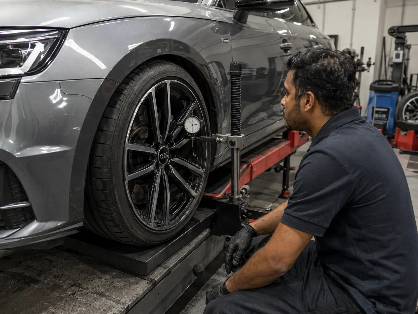 Technician measuring alloy wheel runout on a current Audi A5