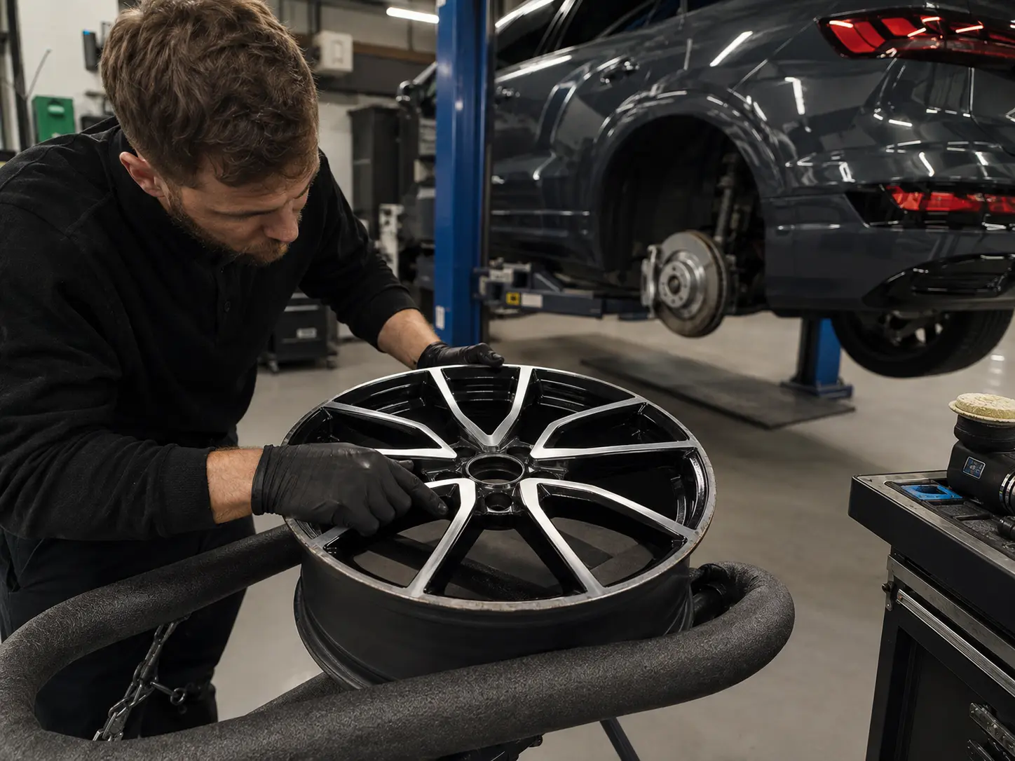 Technician inspecting wheel surface condition for a current Audi Q6 e-tron