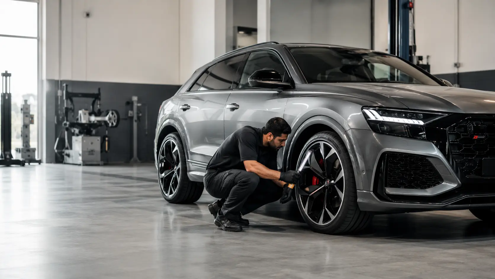 Technician assessing the alloy rim of a current Audi RS Q8 in a Dubai workshop