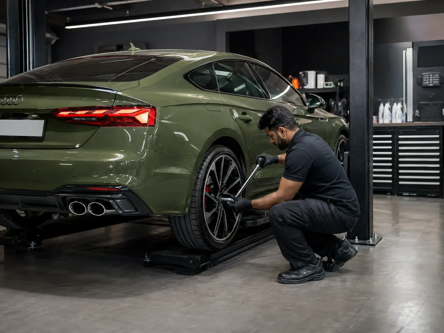 Technician verifying wheel fitment and fastener torque on a current Audi S5