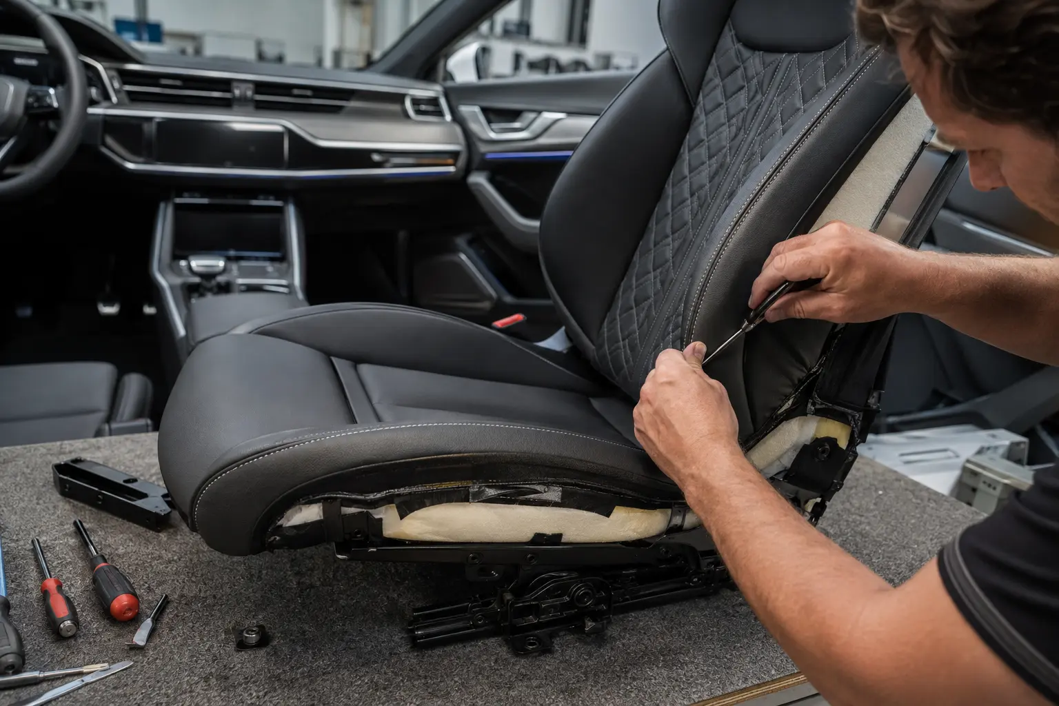 Luxury car seat bolster seam undergoing careful upholstery repair