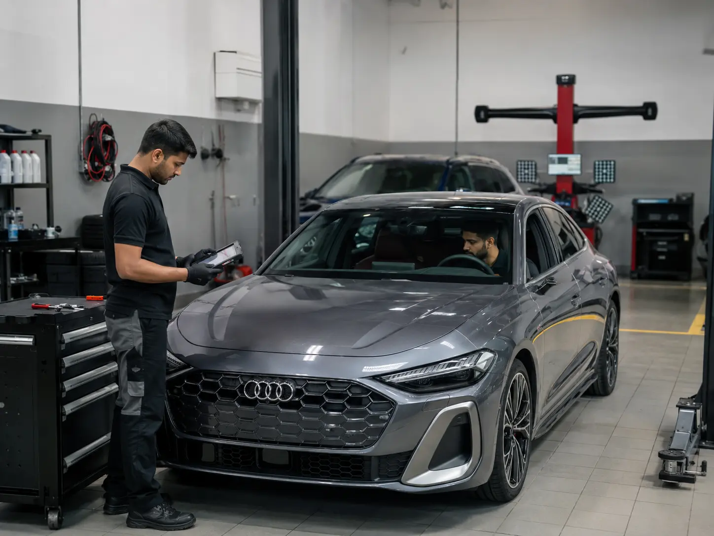 Technicians diagnosing steering behaviour on a current Audi A5